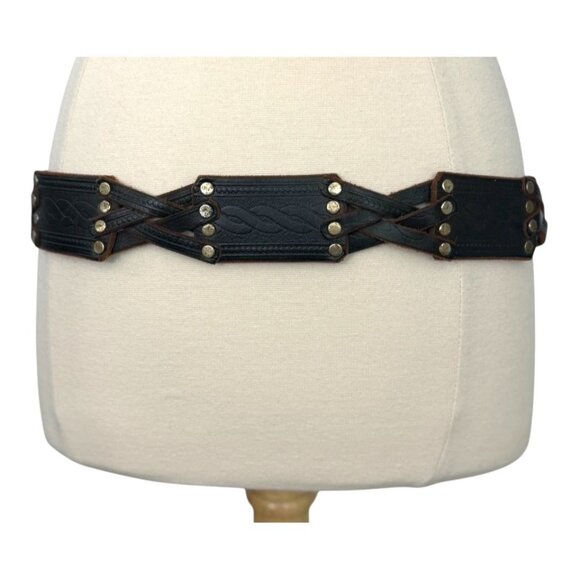 Hollywood Trading Co HTC Brown Leather Belt Studded Tooled Silver Buckle Size 34 - Picture 3 of 11